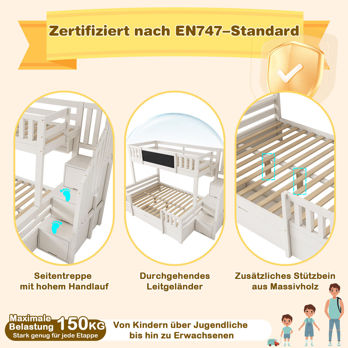 ETAGENBETT für 3 Kinder Weiß - Weiß, Holz (90/200cm) - ComfortXL