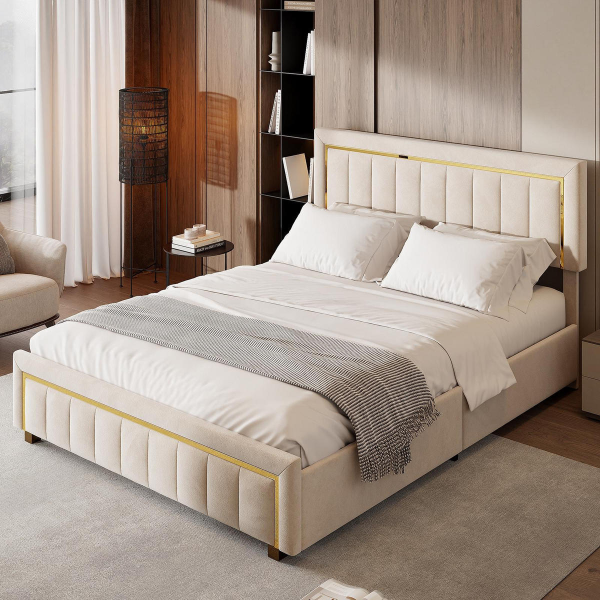 POLSTERBETT 140/200cm, mit hydraulischem Stauraum, Lattenrost, Polsterbett aus Samt, Beige - Beige, Holzwerkstoff (140/200cm) - Brevoria