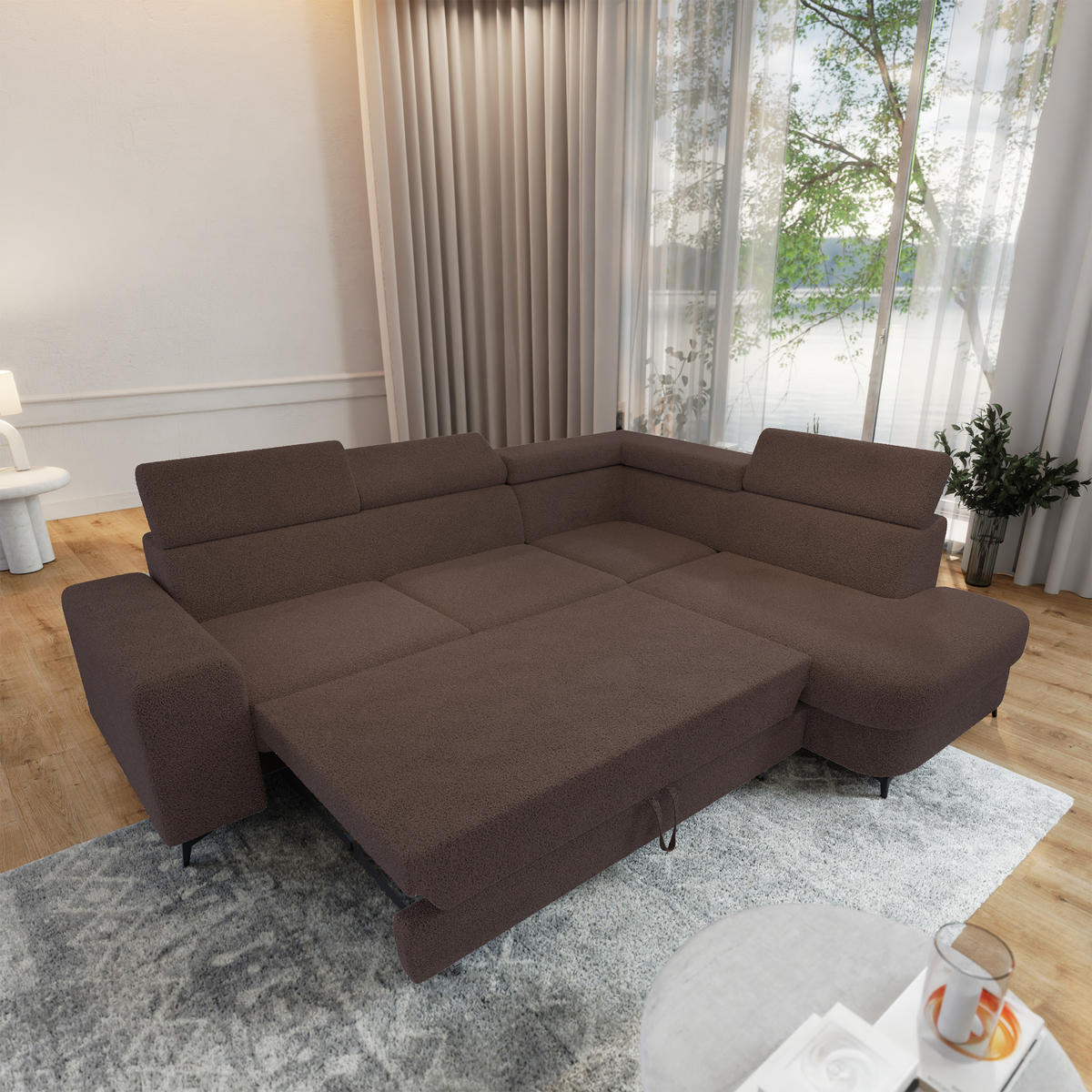 ECKSOFA ALVORO R-S Braun Boucle-Stoff mit Schlaffunktion - Braun, Holz (253/190cm) - MASSENO