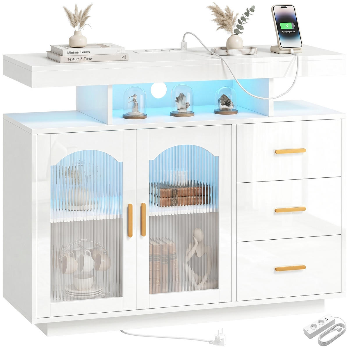 SIDEBOARD Hochglanz Weiß mit LED-Beleuchtung und Steckdosen - Weiß, Holzwerkstoff (100/80/35cm) - PANGIVO
