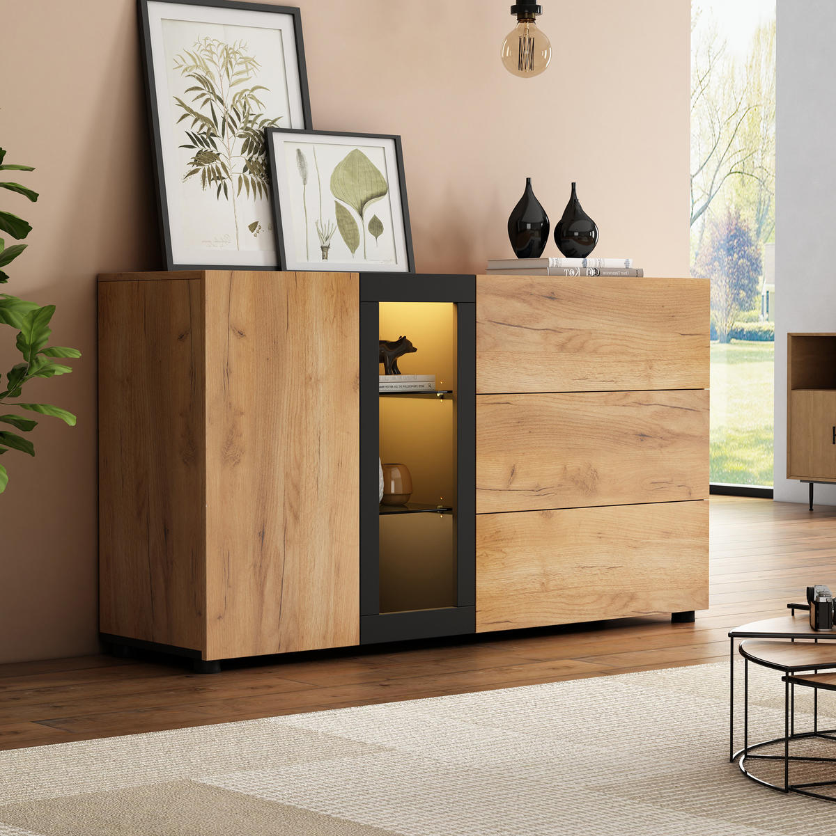 ANRICHTE 140/40/80 cm in Braun/Schwarz mit LED-Beleuchtung und 3 Schubladen - Braun, Holzwerkstoff (140/80/40cm) - Flora Grace