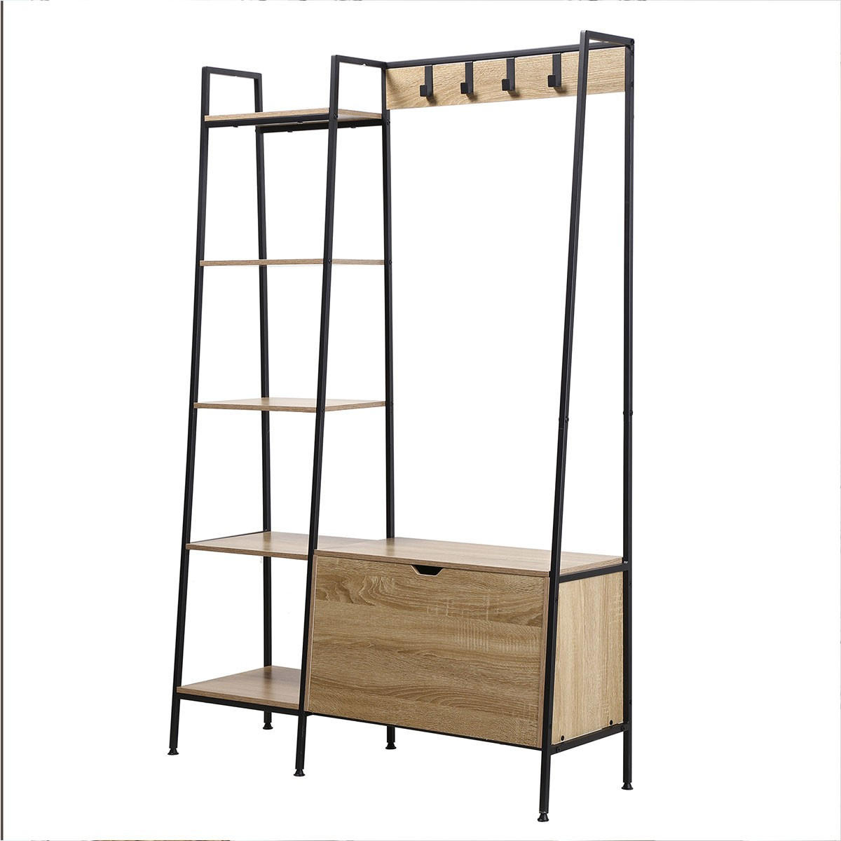 GARDEROBENSTÄNDER mit 5 Regalen, Schuhkasten und Kleiderhaken - Eichefarben, Holzwerkstoff (35/160/105cm) - Calicosy