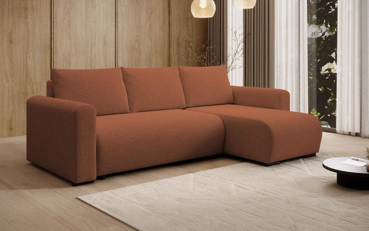 ECKSOFA DORA L, Eckcouch in L-Form mit Schlaffunktion und Bettkasten, Farbe: Orange, Bouclé-Stoff, Ottomane Rechts - Orange, Textil (240/143cm) - Storez24