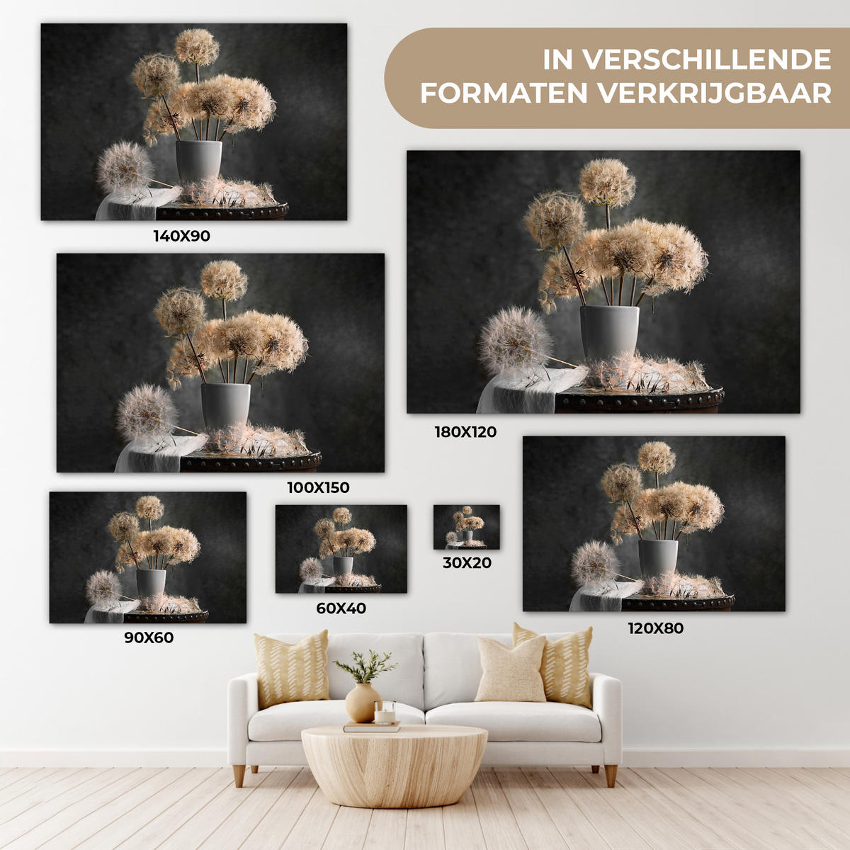 LEINWANDBILD Blumensamen - Löwenzahn - Vase - Stilleben - Blumenstrauß XXL 150x100 cm - Dunkelgrau, Textil (150/100cm) - MuchoWow