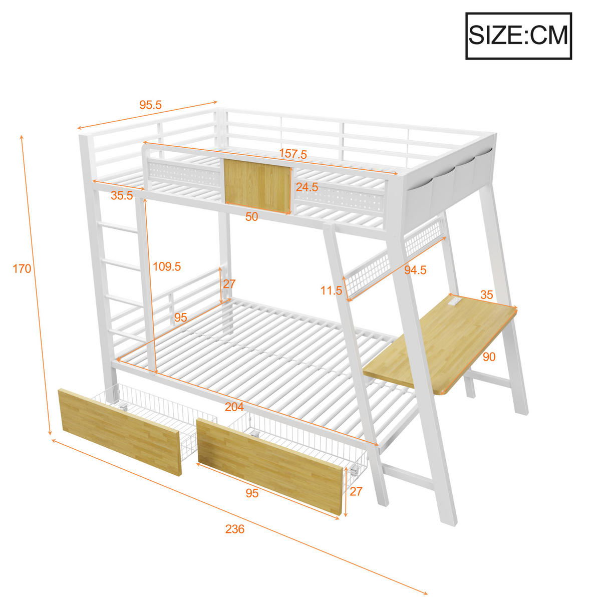 ETAGENBETT 90x200cm Metall Schreibtisch LED USB Weiß - Weiß, Metall (90/200cm) - FLIEKS