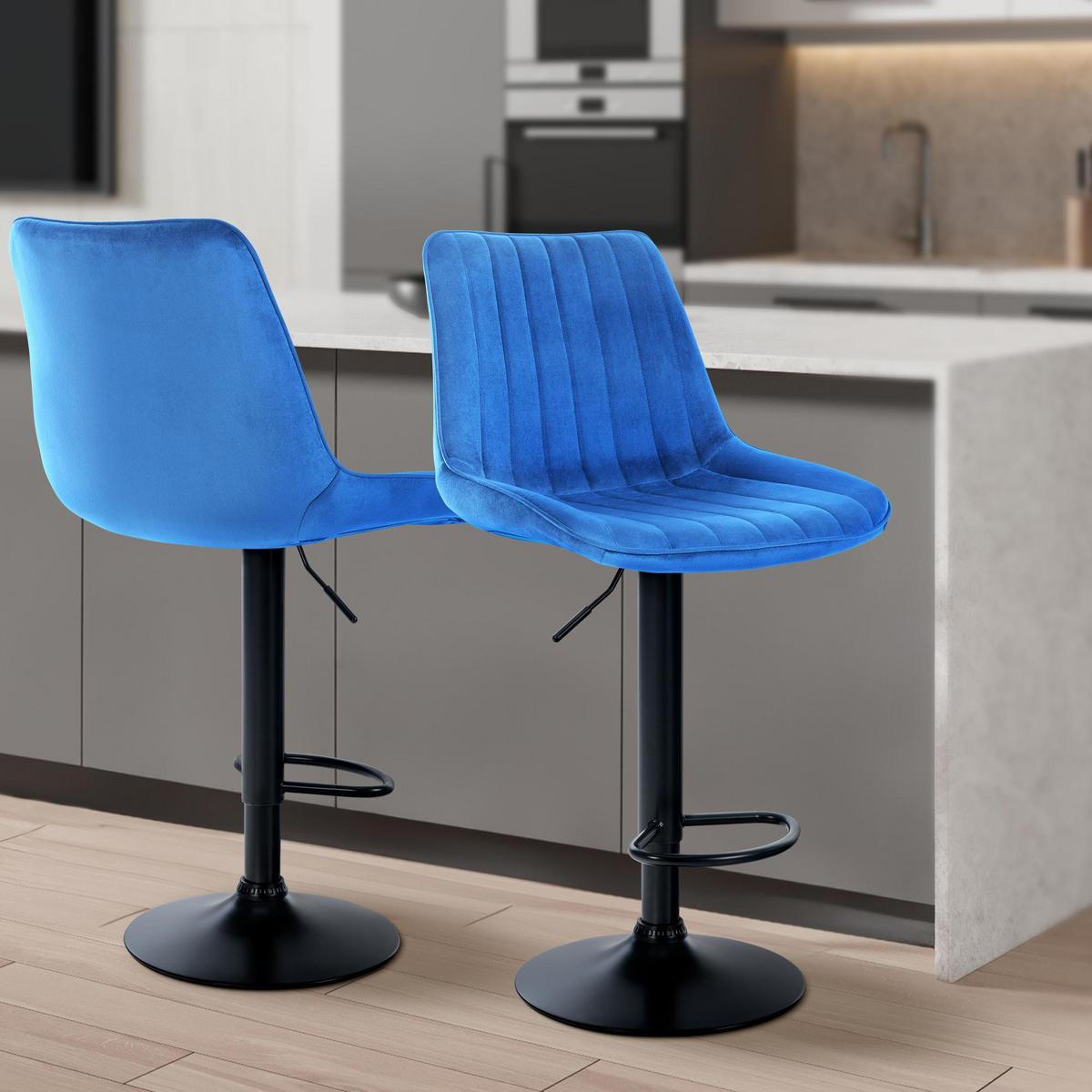BARHOCKER RIO Blau Samt Schwarz - Blau, Textil/Metall (49.5/91/50cm) - DELUKE
