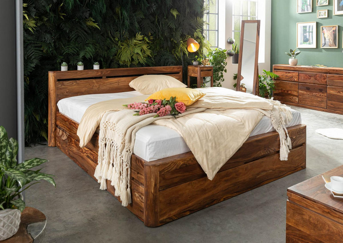 BETT mit Schublade Massivholz Akazie / Sheesham 180 x 200 x 90 walnussbraun TORONTO #254 - Walnussfarben, Holzwerkstoff (180/200cm) - Massivmoebel24