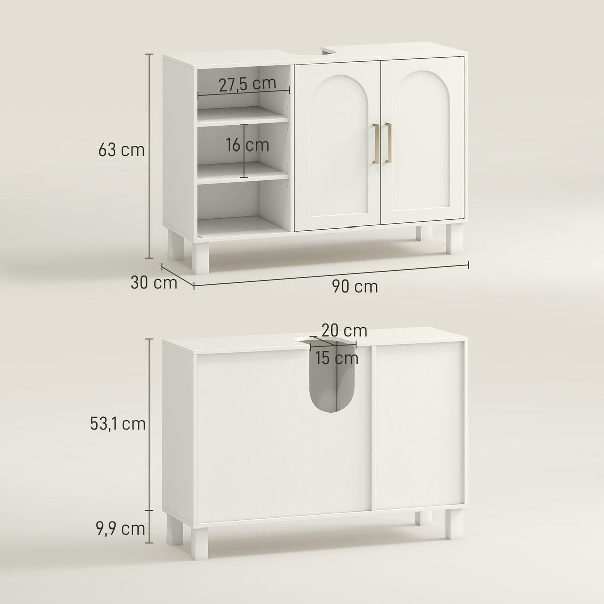 WASCHBECKENUNTERSCHRANK DE-15892 U-Aussparung Creme - Creme, Holzwerkstoff (90/63/30cm) - ComfortXL