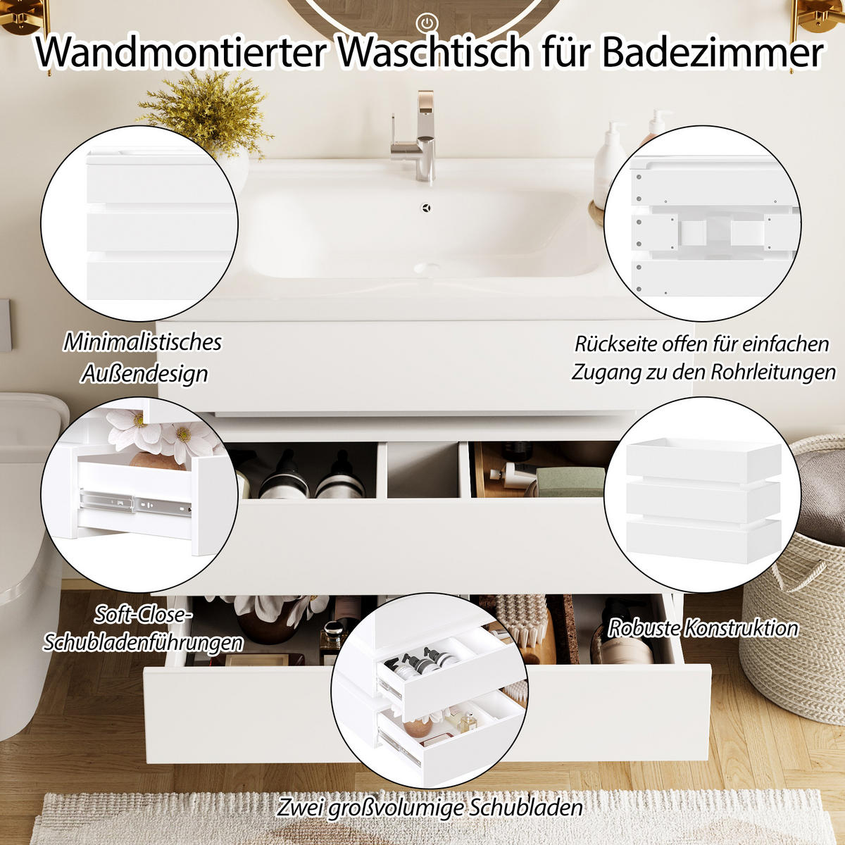 WASCHTISCH Weiß 81/47.5/57 cm hängend mit LED-Beleuchtung - Weiß, Holz (81/57/47.5cm) - PANGIVO