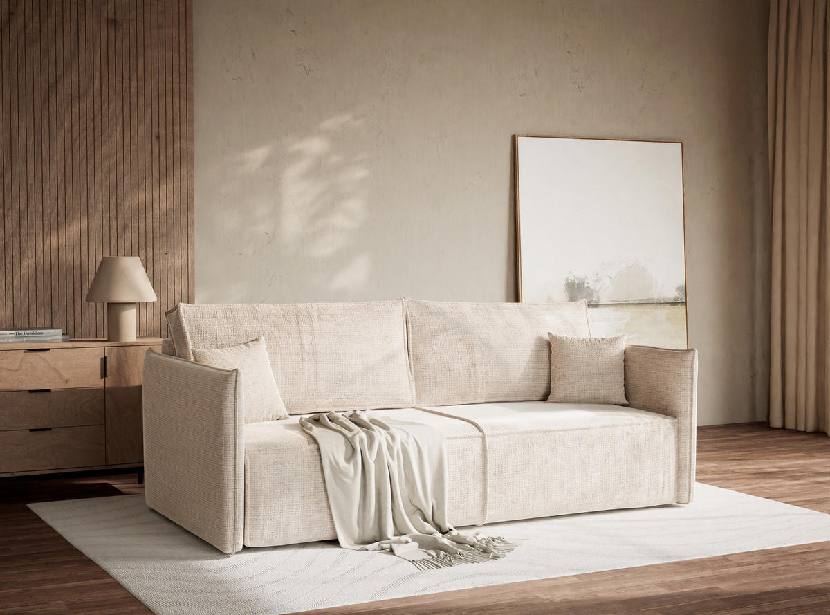 SOFA MIT SCHLAFFUNKTION Obra Creme Chenille-Stoff - Creme/Schwarz, Holz/Holzwerkstoff (220/70/107cm) - Maison de Reve