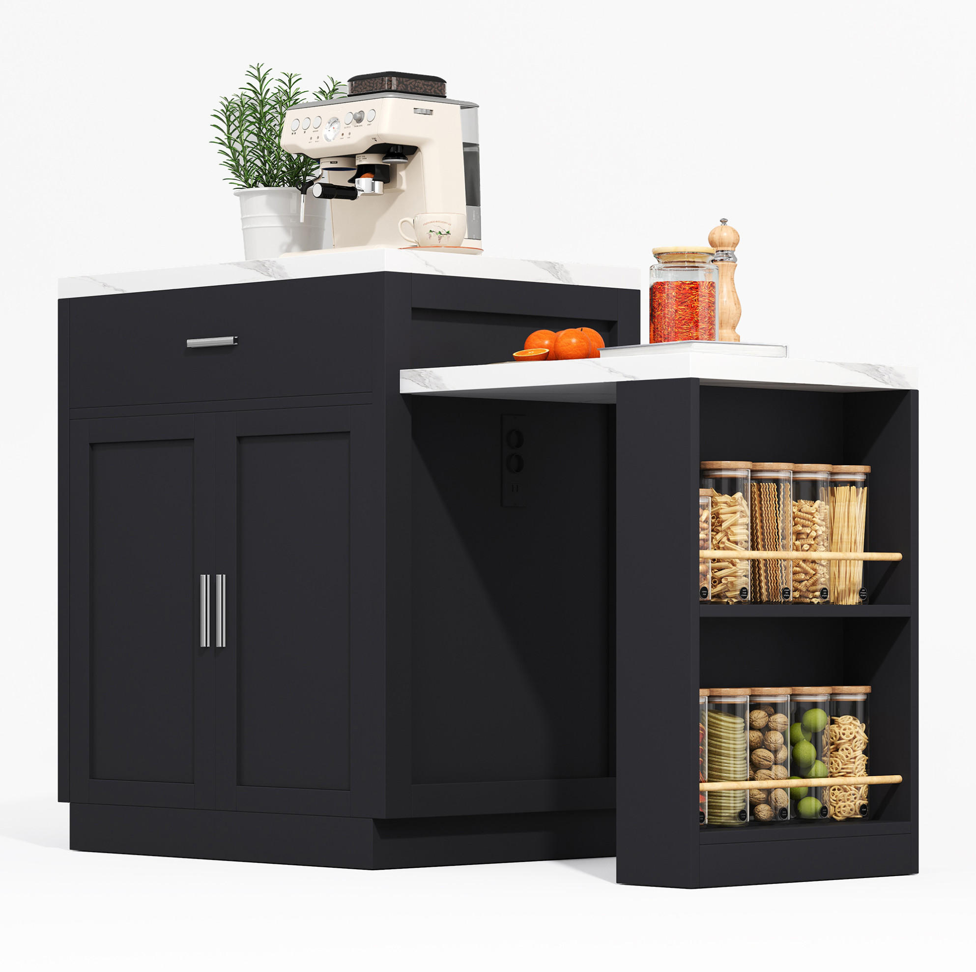 KUECHENINSEL mit ausziehbarem Esstisch 211 x 55 x 89,5 cm MDF Schwarz - Schwarz, Holz (55/89.5/211cm) - Beauniv