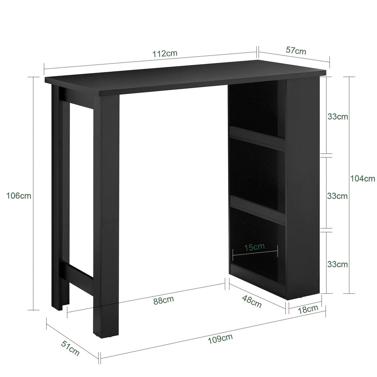 BARTISCH mit 3 Ablageflächen, Schwarz 112x106x57 cm - Schwarz, Holzwerkstoff (57/112/106cm) - SoBuy