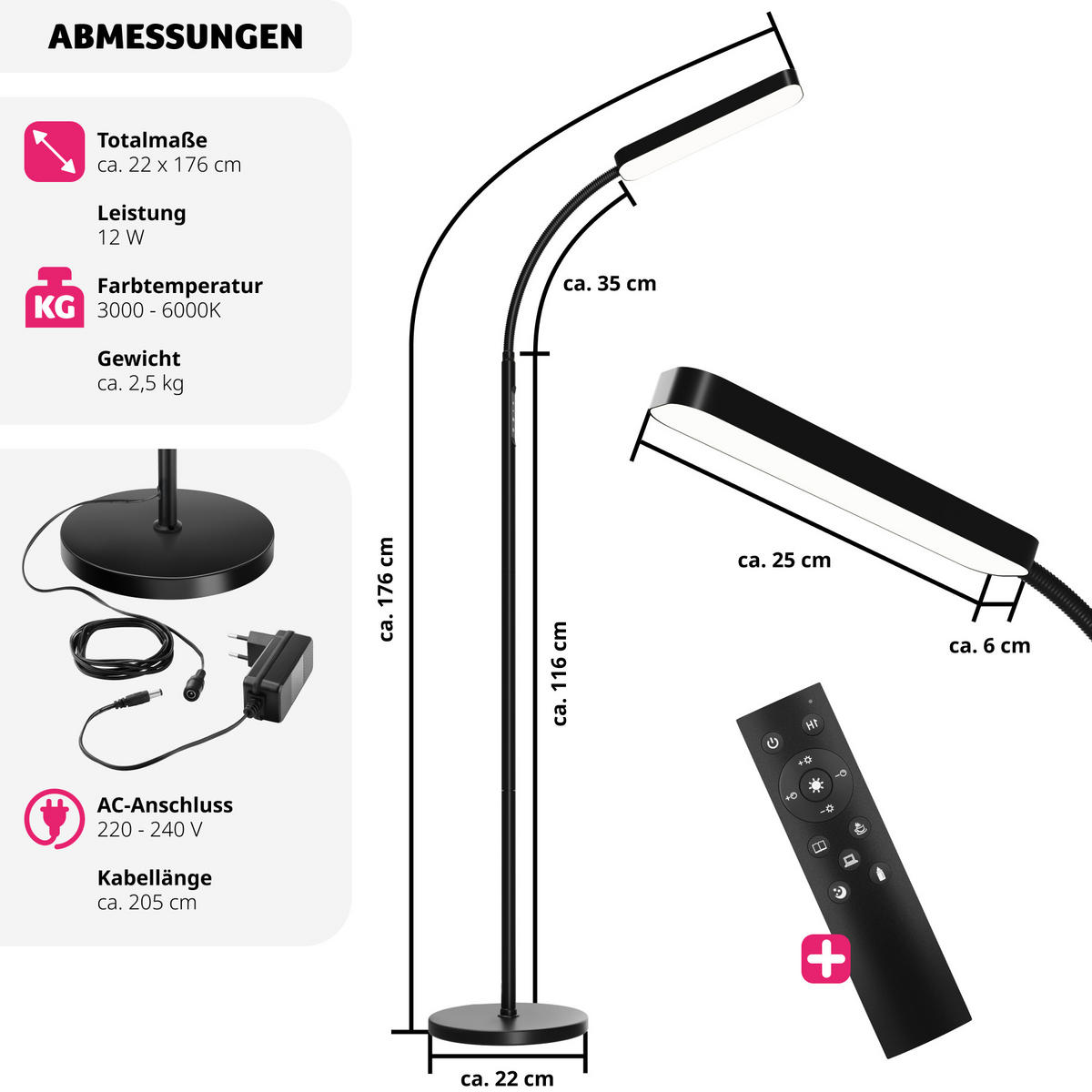 STEHLAMPE Prisma,22 x 176 cm,schwarz - Schwarz, Metall (22/22/176cm) - tectake