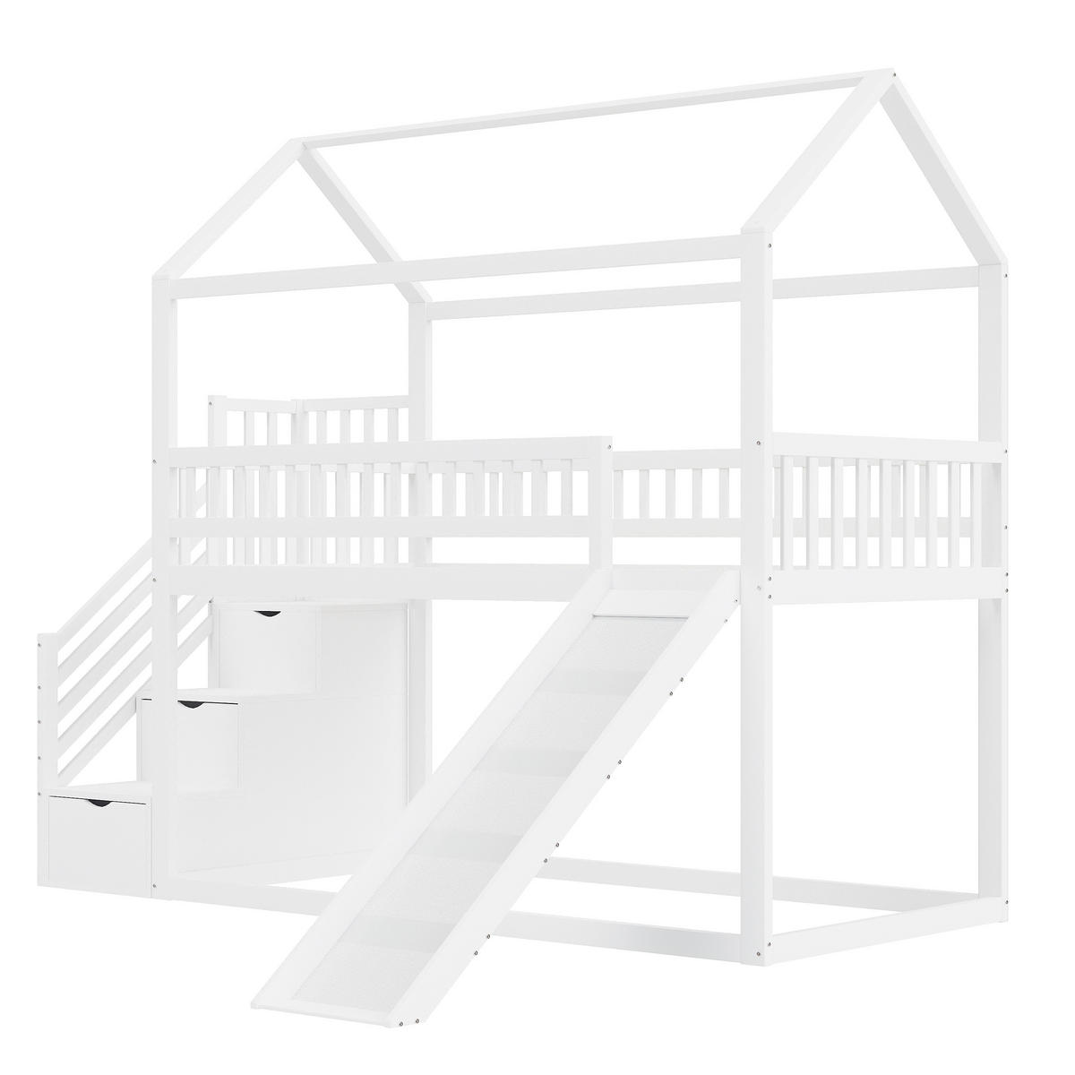 SPIELBETT 90/200 cm DE-01608, in Weiß, mit Rutsche und Stauraumleiter - Weiß, Holz (90/200cm) - ComfortXL