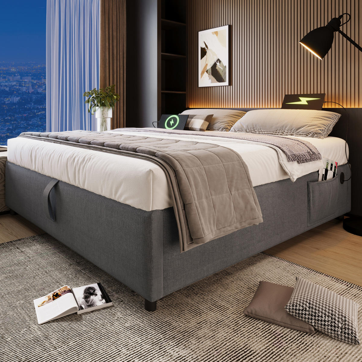 TAPECIRANI krevet od pamuka i lana 140x200 cm sivi s USB/Type-C priključkom i hidrauličkim spremištem - siva, tekstil (140/200cm) - Modfu