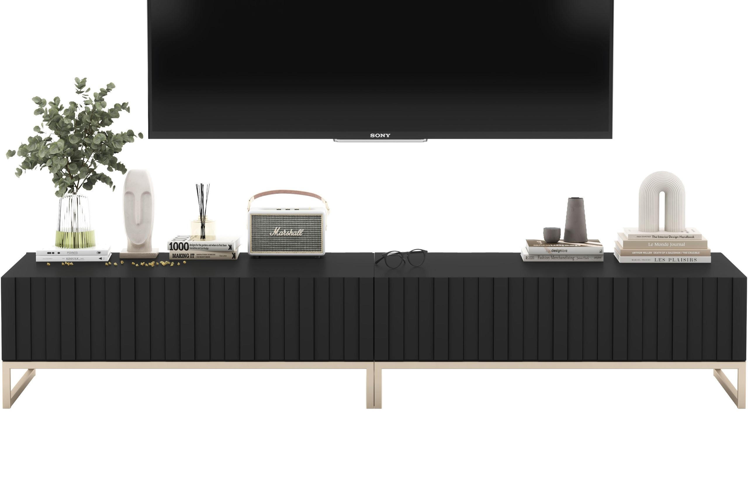 TV-LOWBOARD 2-er Set Elpis Schwarz Matt Glamour 110 cm - Goldfarben/Schwarz, Holzwerkstoff/Metall (220/39/54cm) - Meble Lindner