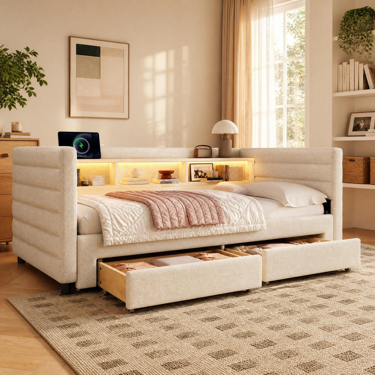 POLSTERBETT 90/190 mit Ausziehbett, LED, USB, Type-C und 2 Schubladen in Beige - Beige, Holzwerkstoff/Textil (90/190cm) - EVRYAE