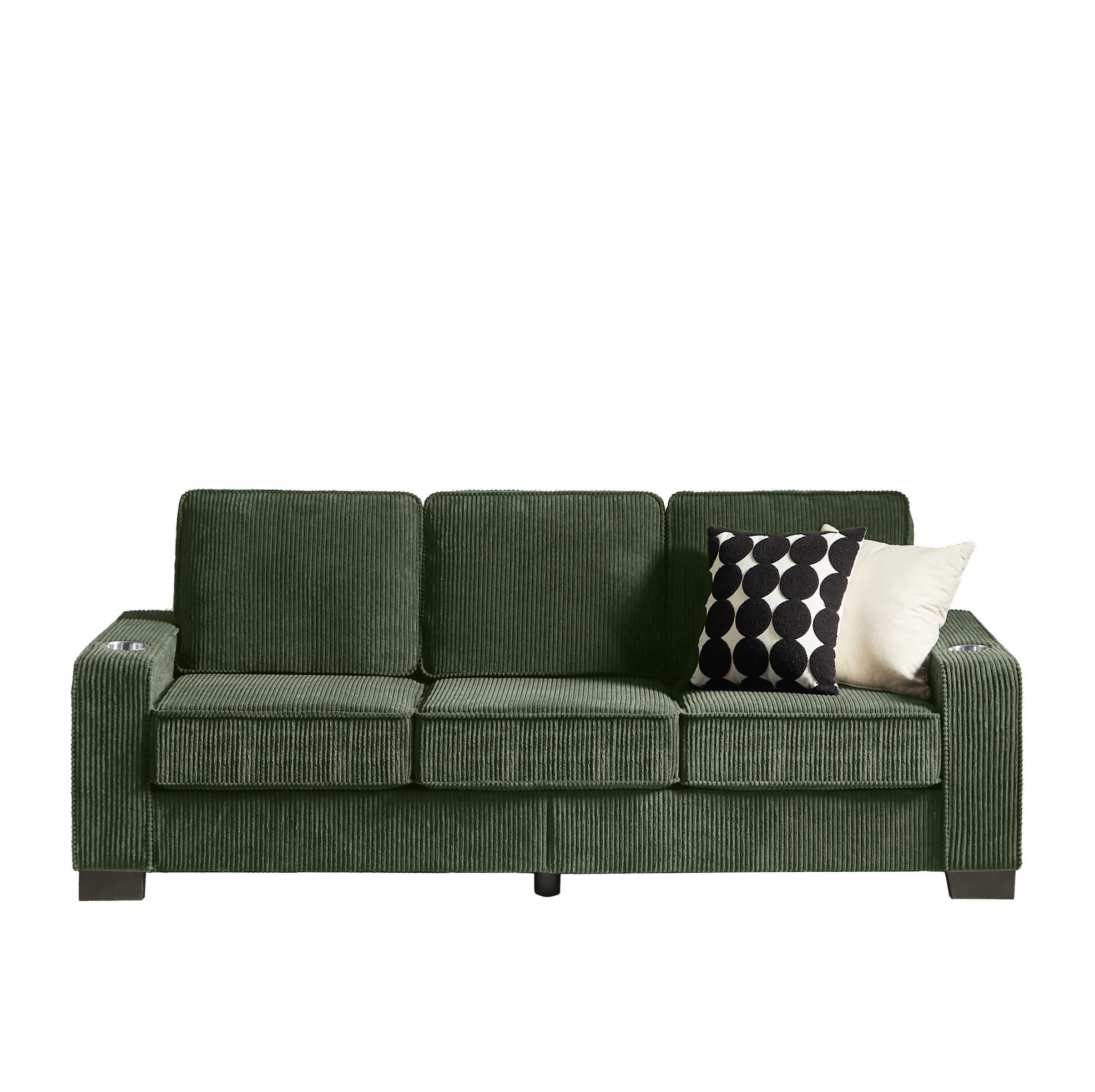 SOFA 3-Sitzer mit Getränkehaltern Cord Grün 206 cm - Grün, Holzwerkstoff (206/86/76cm) - Meubliv