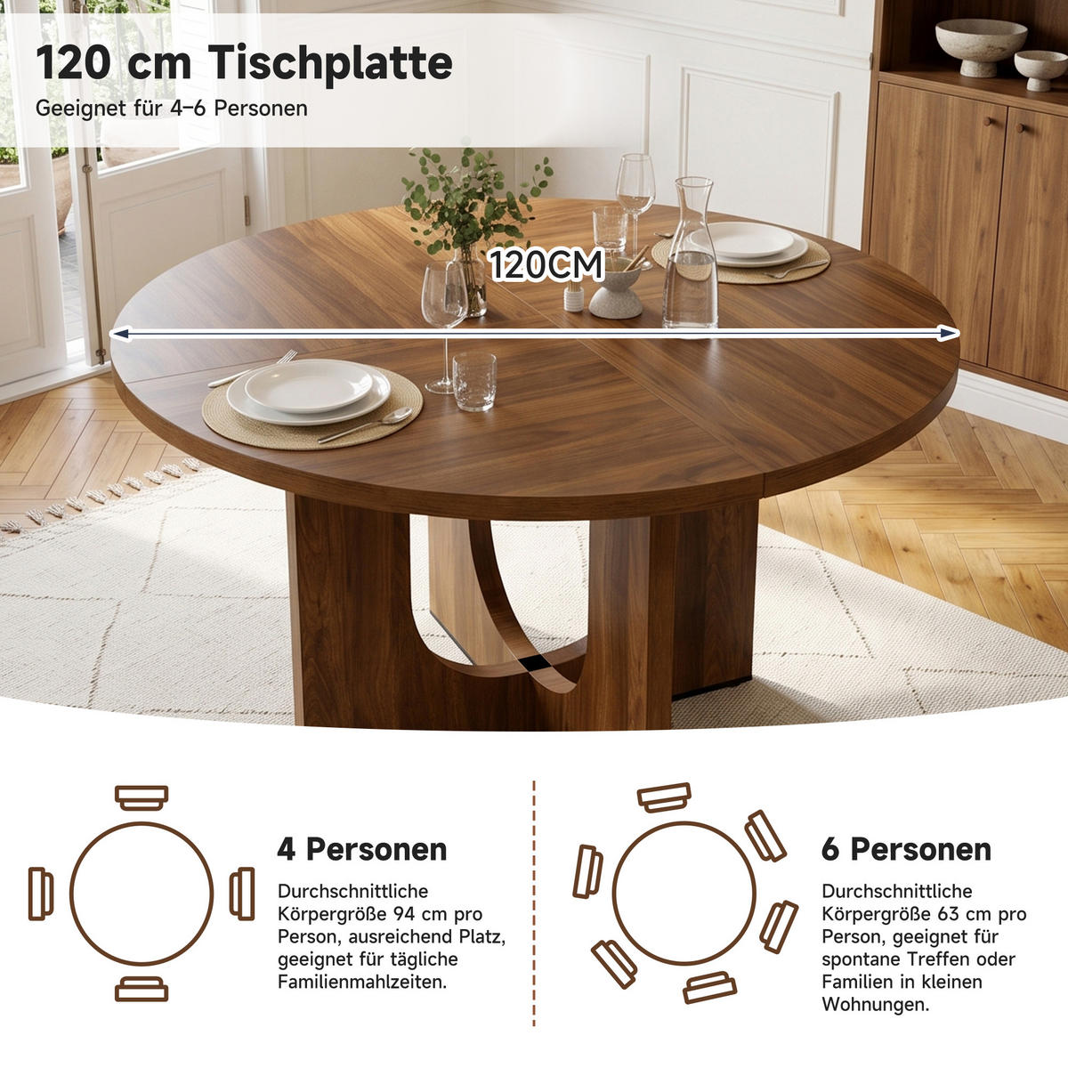 ESSTISCH in Walnussfarben mit runder Tischplatte für Esszimmer, B120/T120/H75 cm - Walnussfarben, Holzwerkstoff (120/120/75cm) - STILVORA