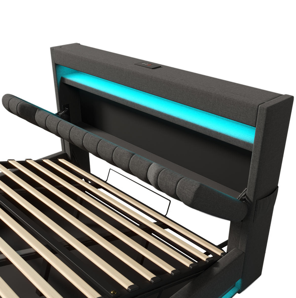 POLSTERBETT 140/200 cm mit LED, USB- und Type-C-Anschluss, Stauraum-Kopfteil und hydraulischem Bettkasten, Leinen, Grau - Grau, Textil (140/200cm) - Redom