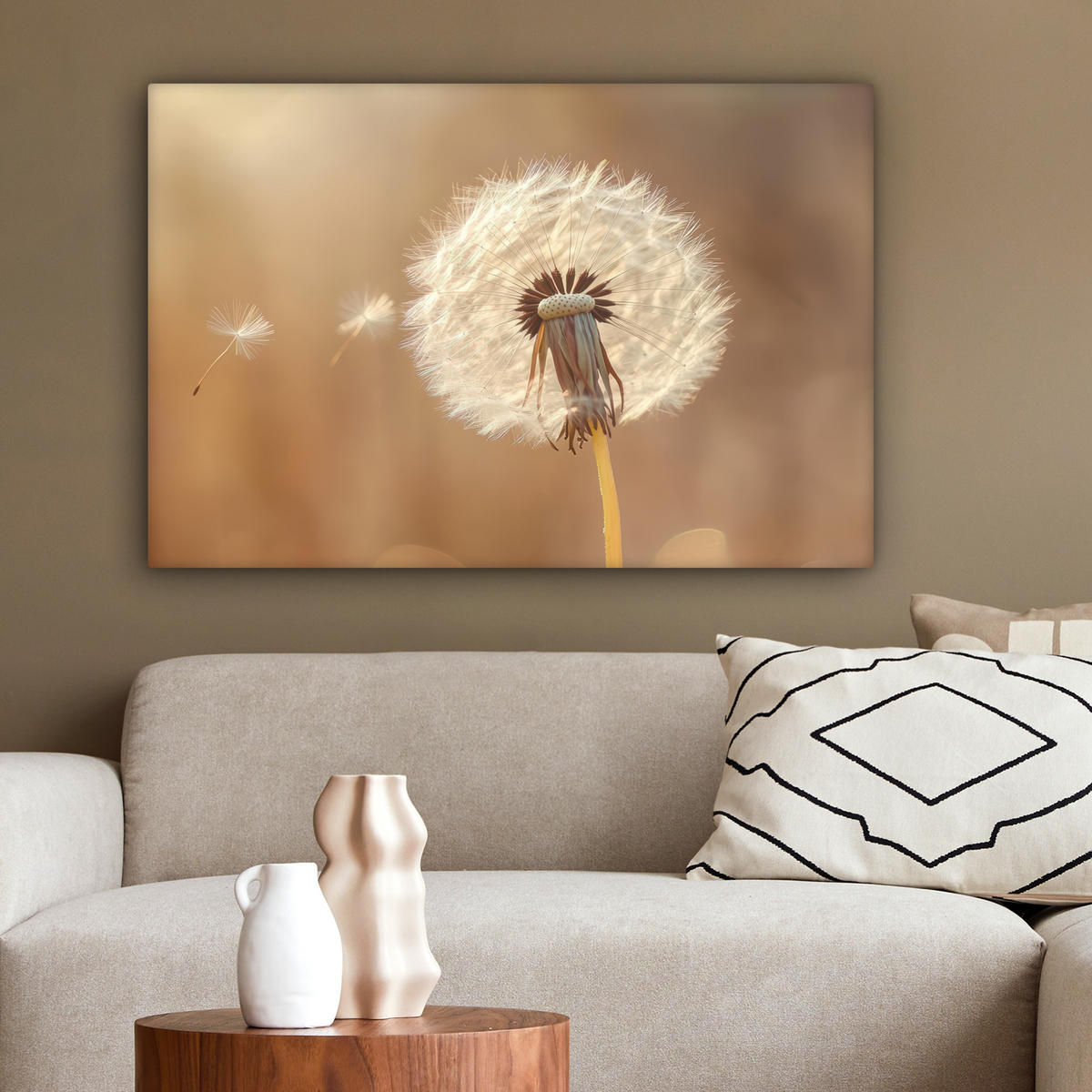 LEINWANDBILD Löwenzahn - Beige - Natur - Blume Gemälde 60x40 cm - Hellbraun, Textil (60/40cm) - MuchoWow