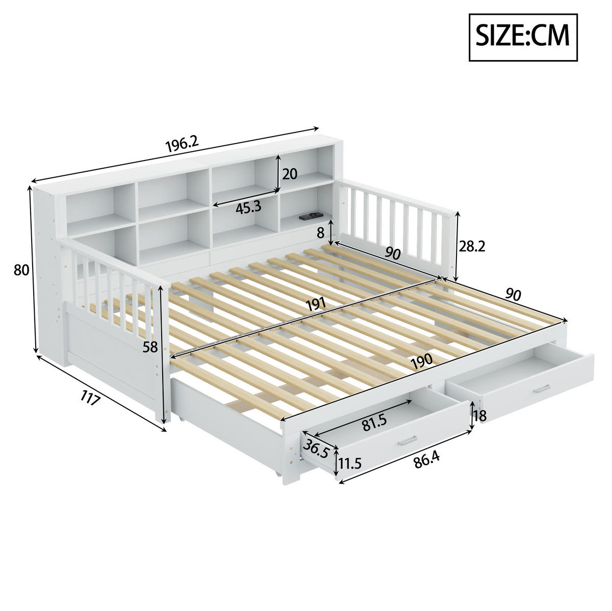 BETT aus Kiefernholz 90x190/180x190 cm Weiß mit Ausziehbett, Steckdose, Stauraumrückenlehne und 2 Schubladen - Weiß, Holzwerkstoff (90/190cm) - Modfu