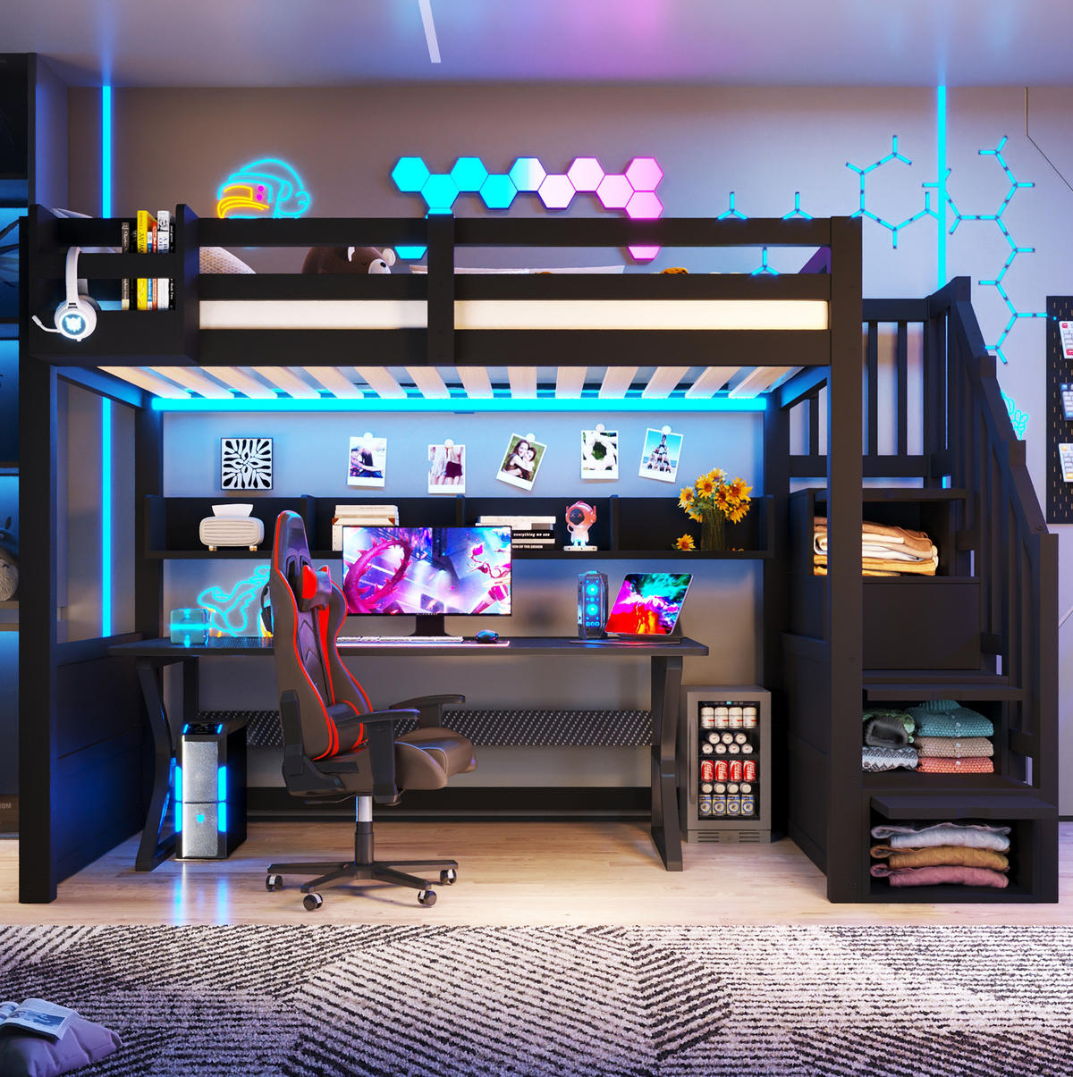 HOCHBETT aus MDF, Kiefer und Sperrholz 90x200 cm Schwarz mit LED-Beleuchtung, Stauraumtreppe und Kleiderschrank - Schwarz, Holzwerkstoff (90/200cm) - Modfu