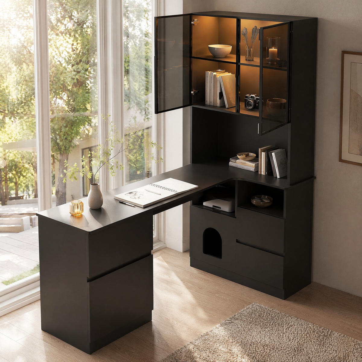 SCHREIBTISCH in Schwarz Eckschreibtisch mit Regal und LED-Vitrine für Wohnzimmer und Schlafzimmer, B120/T80/H180 cm - Schwarz, Holzwerkstoff (80/120/180cm) - STILVORA