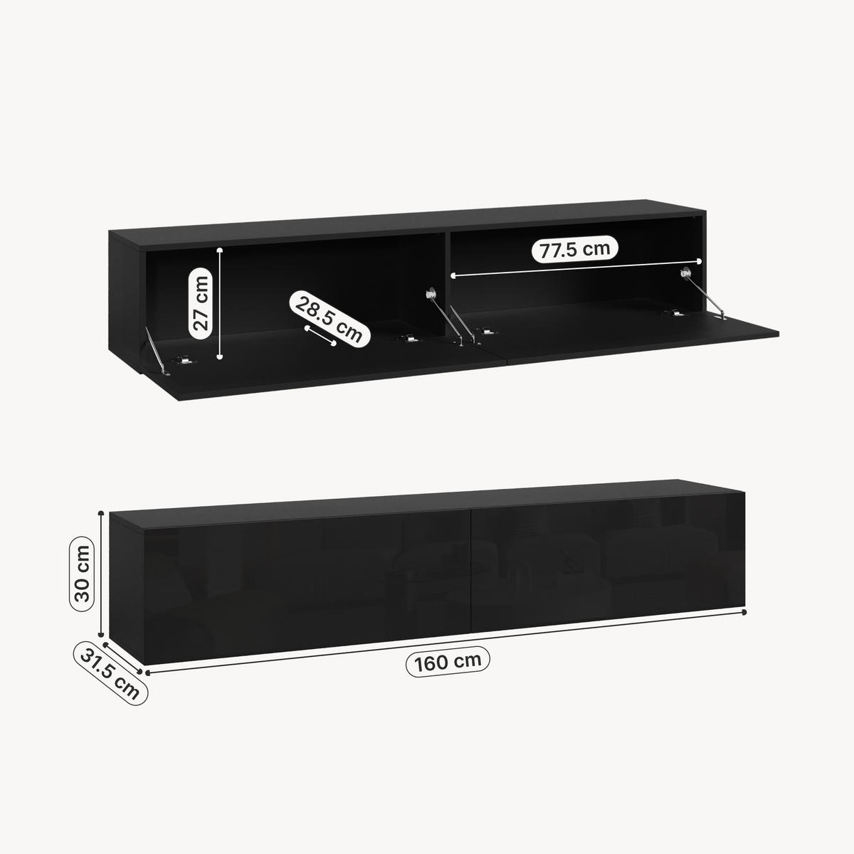 HÄNGELOWBOARD Evaton - Schwarz Hochglanz, Holzwerkstoff (160/30/31.5cm) - [en.casa]