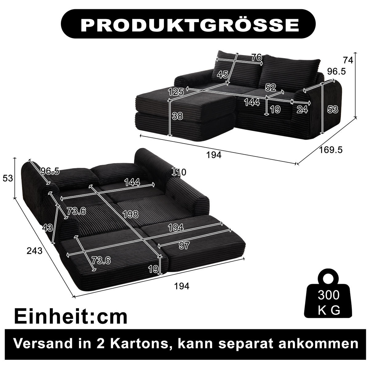 SCHLAFSOFA, Cord mit modularer Fußstütze, als Sofa & Bett, 243/194/53 cm, Schwarz - Schwarz, Textil (243/53/194cm) - Redom