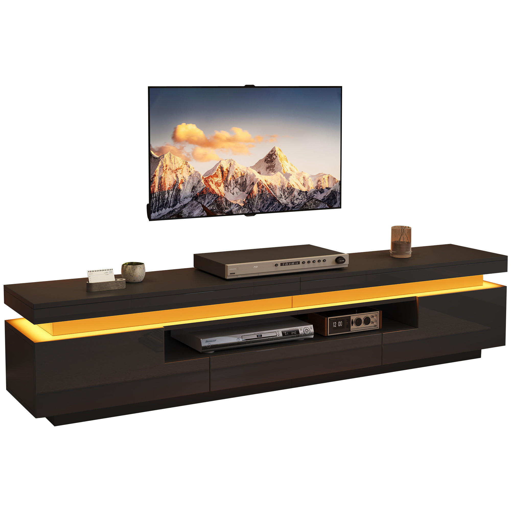 TV-ELEMENT 175/38/45 cm Hochglanz Schwarz mit LED-Beleuchtung und Stauraum - Schwarz, Holzwerkstoff (38/45/175cm) - Korfee