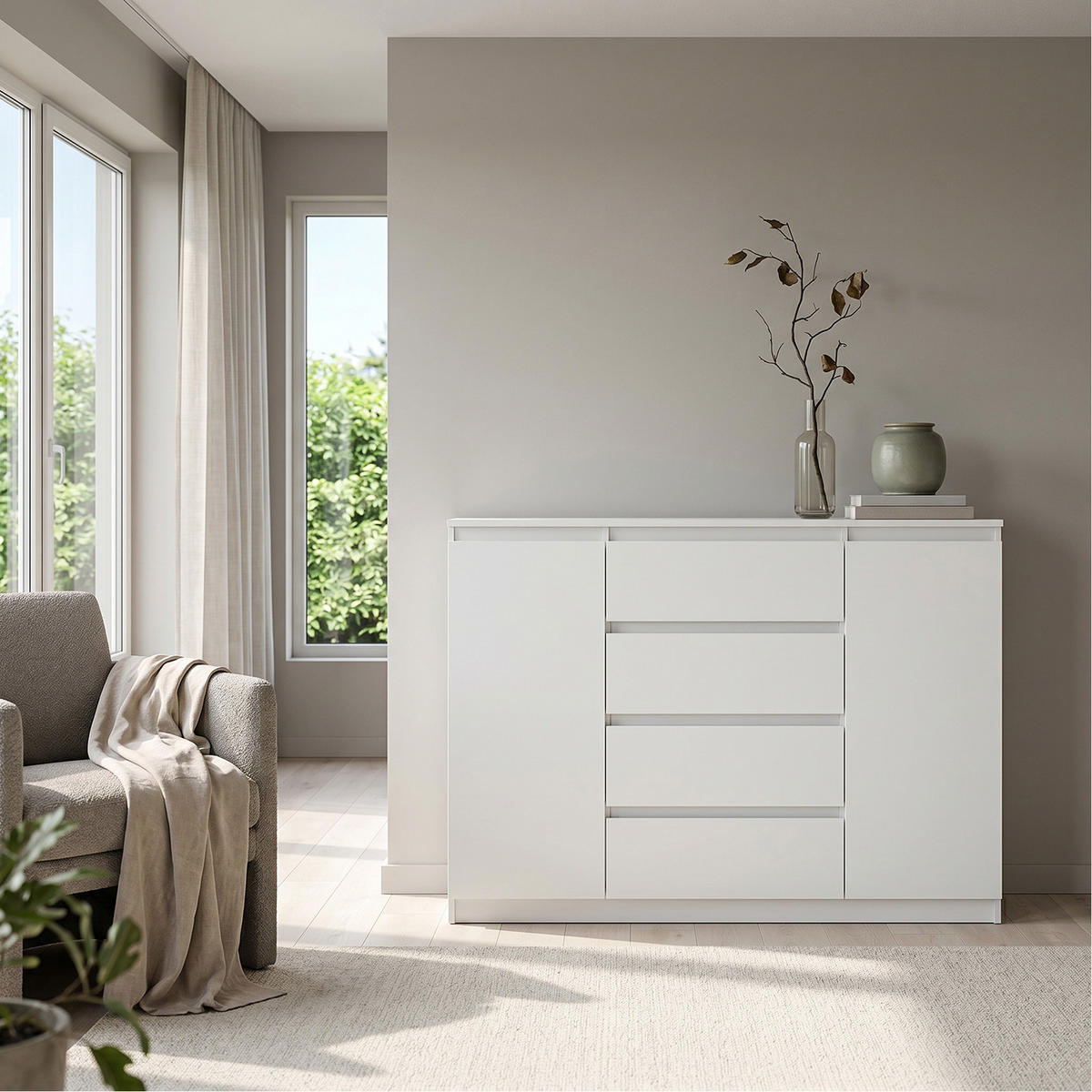 KOMMODE NUDO 120/101,5/39cm mit 4 Schubladen 2 Türen Weiß - Weiß, Holzwerkstoff (120/101.5/39cm) - MASSENO