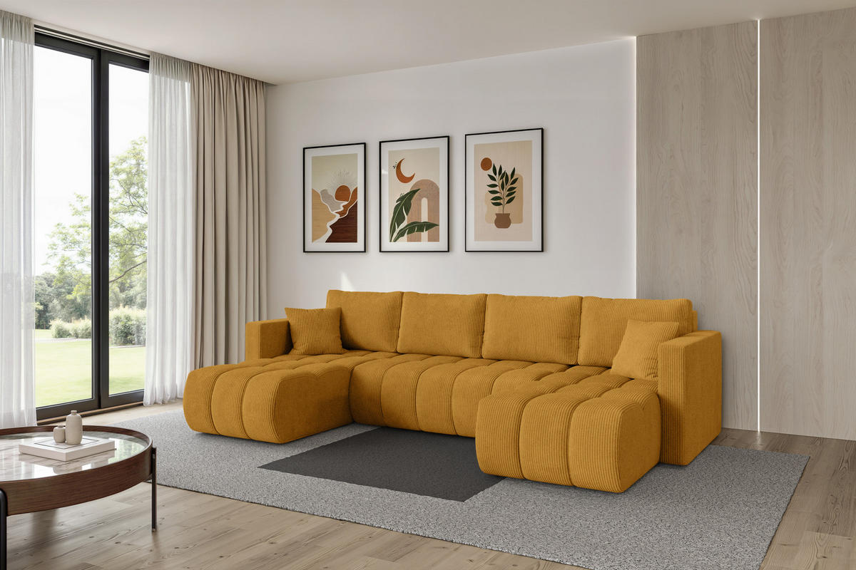 SEDACÍ SOUPRAVA DO U s funkcí spaní a úložným prostorem GARD-U 300x146x85 hořčicově žlutá manšestr - černá/tmavě žlutá, kompozitní dřevo/textil (300/85/146cm) - ALTDECOR