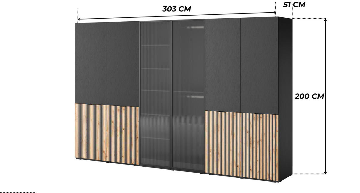 KLEIDERSCHRANK ZEN (Modular, Schwarz, Wotan Eiche & Geriffeltes Glas Flutes, 6-türig) - Eiche Wotan/Schwarz, Holz/Holzwerkstoff (303/200/51cm) - Ravio