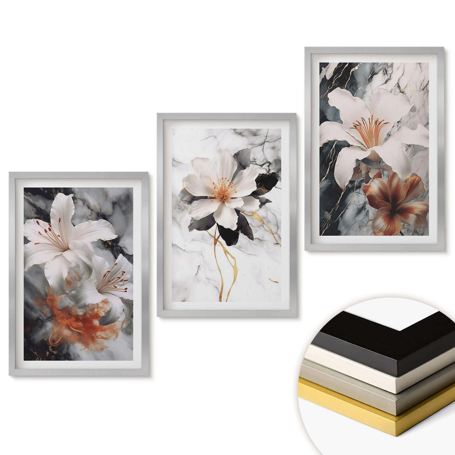 WANDBILDER 3er Set - 40x60 cm Silberner Rahmen - Blumen Marmor weiß schwarz - Silberfarben, Kunststoff (40/60cm) - ArtPrintCave