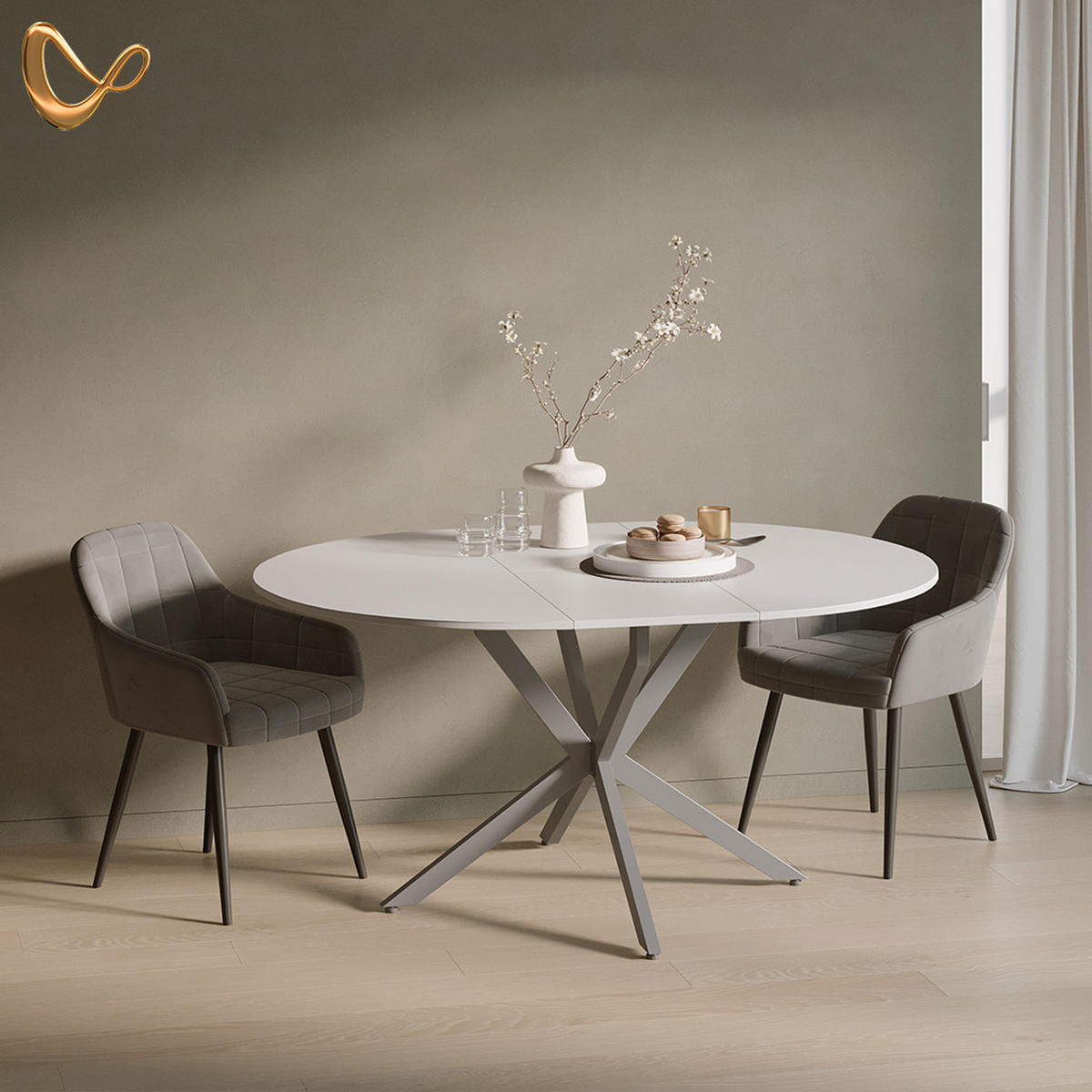 ESSTISCH Firenze Weiß/Grau 120 x 120 cm ausziehbar - Weiß/Grau, Holzwerkstoff (120/120/76.5cm) - Livinity®