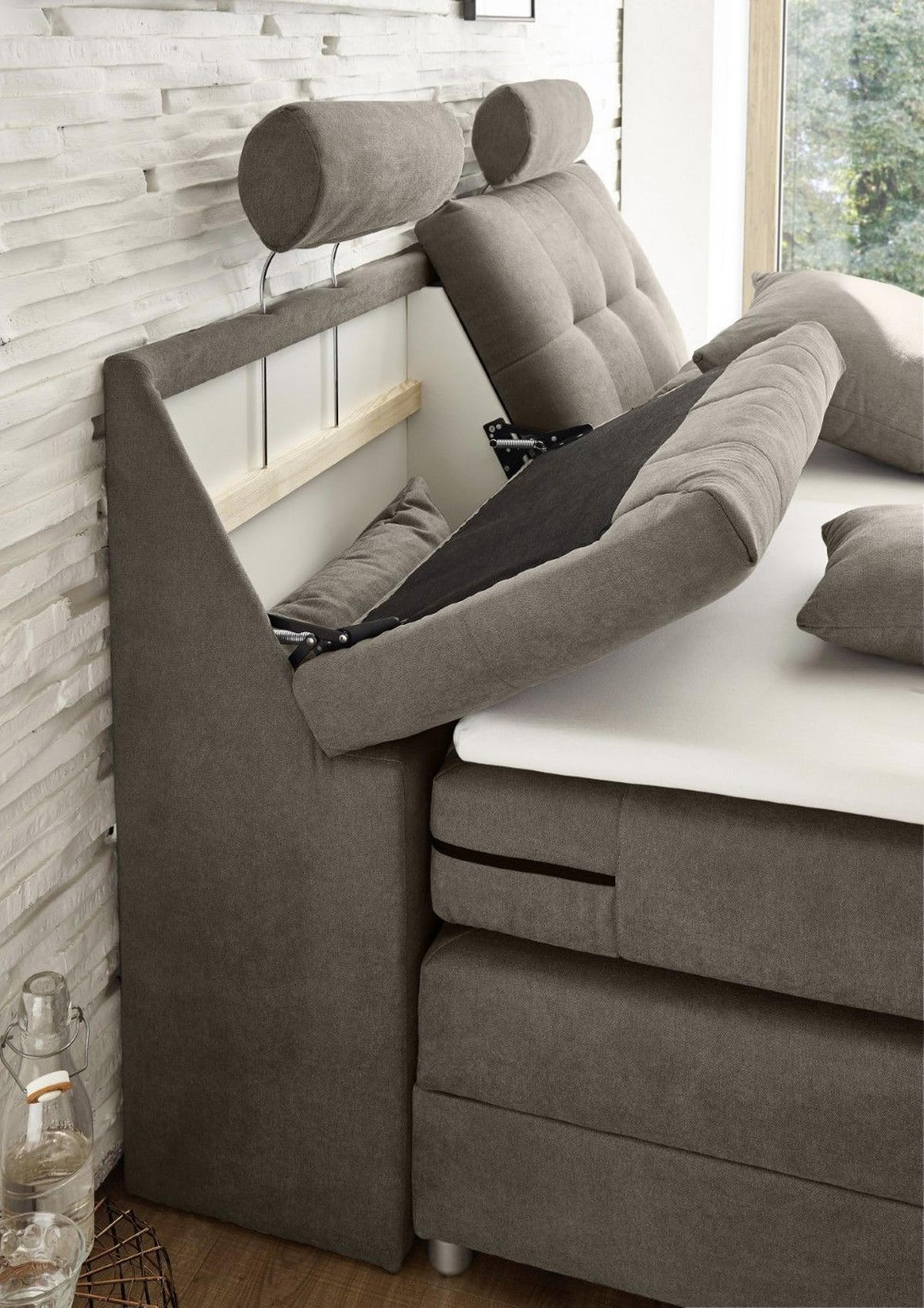 BOXSPRINGBETT inkl. Elektrofunktion, 7-Zonen-Tonnentaschen-Federkernmatratze und Komfort T25 Schaumtopper - Silberfarben/Grau, Holz/Holzwerkstoff (180/200cm) - ed exciting design