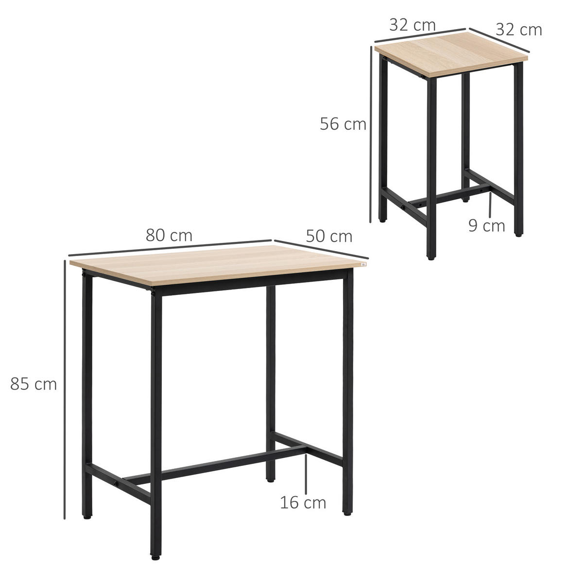 BARTISCH-SET, Spanplatte, Natur+Schwarz - Naturfarben, Kunststoff (50/85/80cm) - HOMCOM