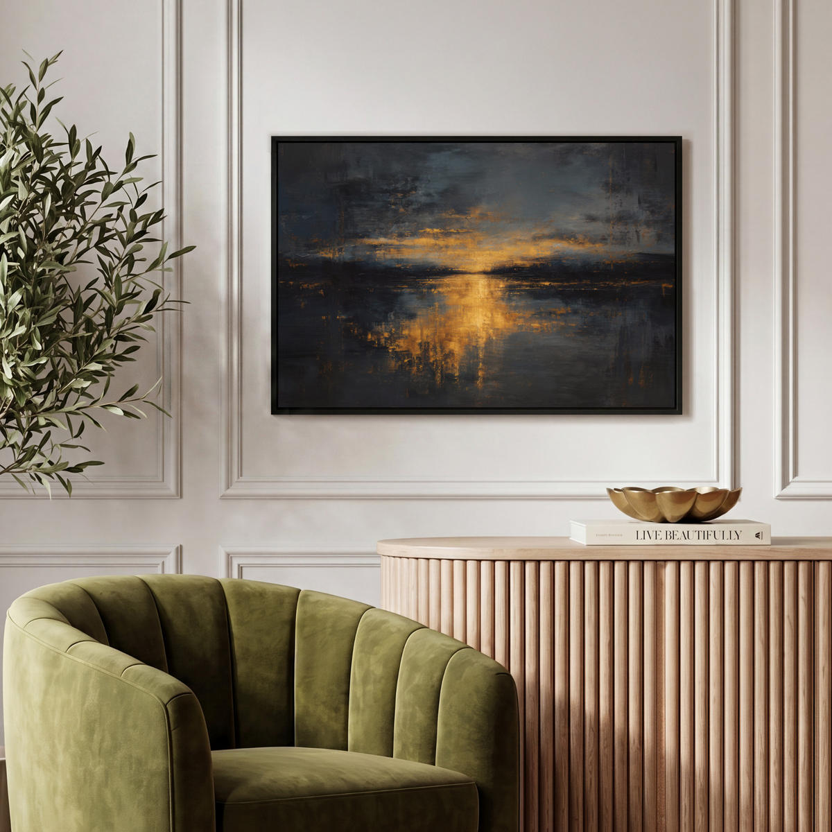 LEINWAND Bilder mit Rahmen - Goldene Reflexion auf dem Wasser - 60x40 - Anthrazit, Textil (60/40cm) - MuchoWow