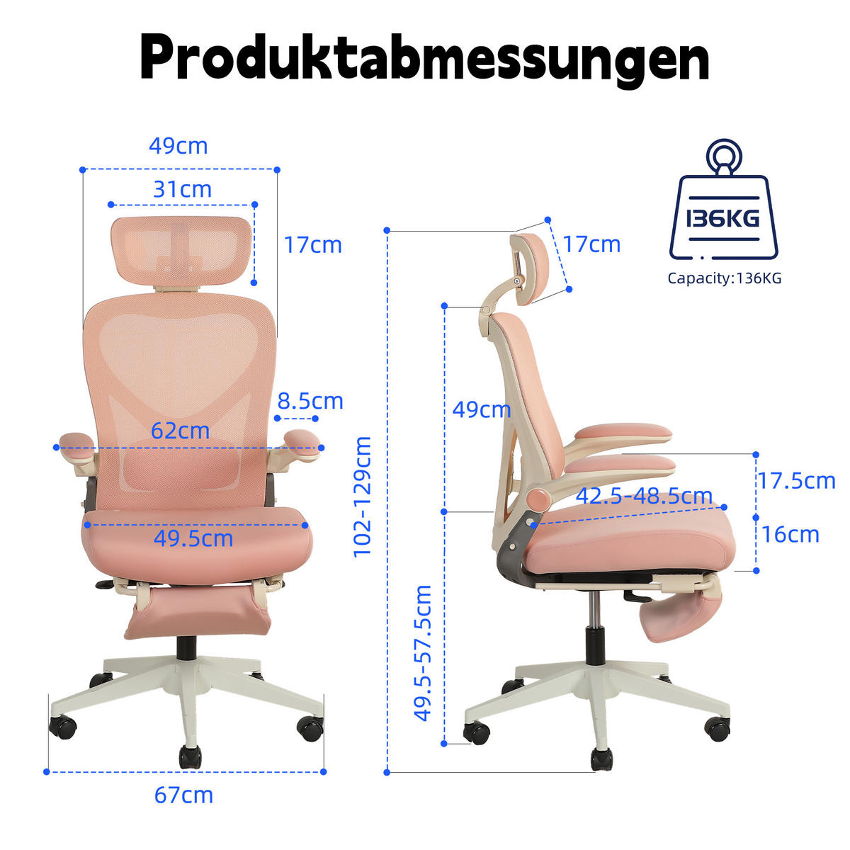 DREHSTUHL DE-40943 mit klappbarer Rückenlehne und 3D-Kopfstütze Rosa - Pink, Metall (62/129/48.5cm) - ComfortXL
