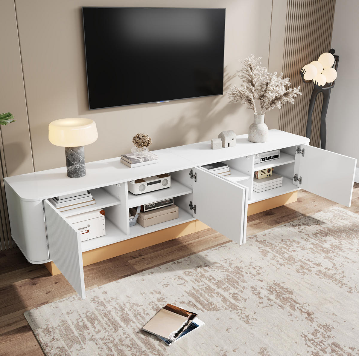 TV-LOWBOARD mit 4 Türen 200 x 40 cm MDF Weiß - Weiß, Holzwerkstoff (40/47.5/200cm) - Beauniv