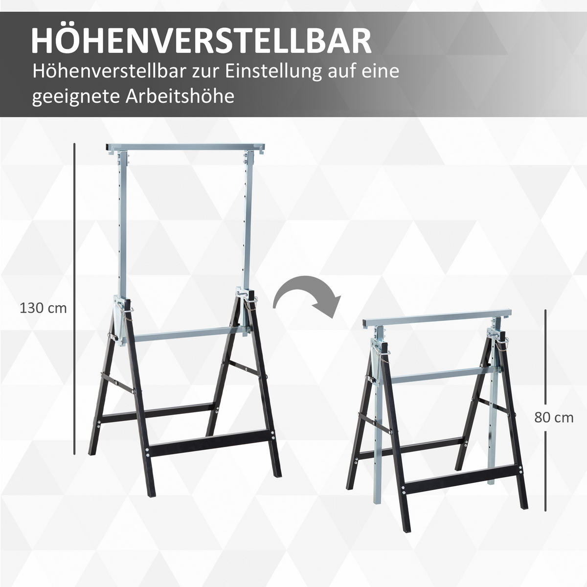 ARBEITSBOCK 2ER-SET DE-09184 klappbar & höhenverstellbar, bis 200 kg Schwarz - Schwarz, Metall (58/130/68cm) - ComfortXL