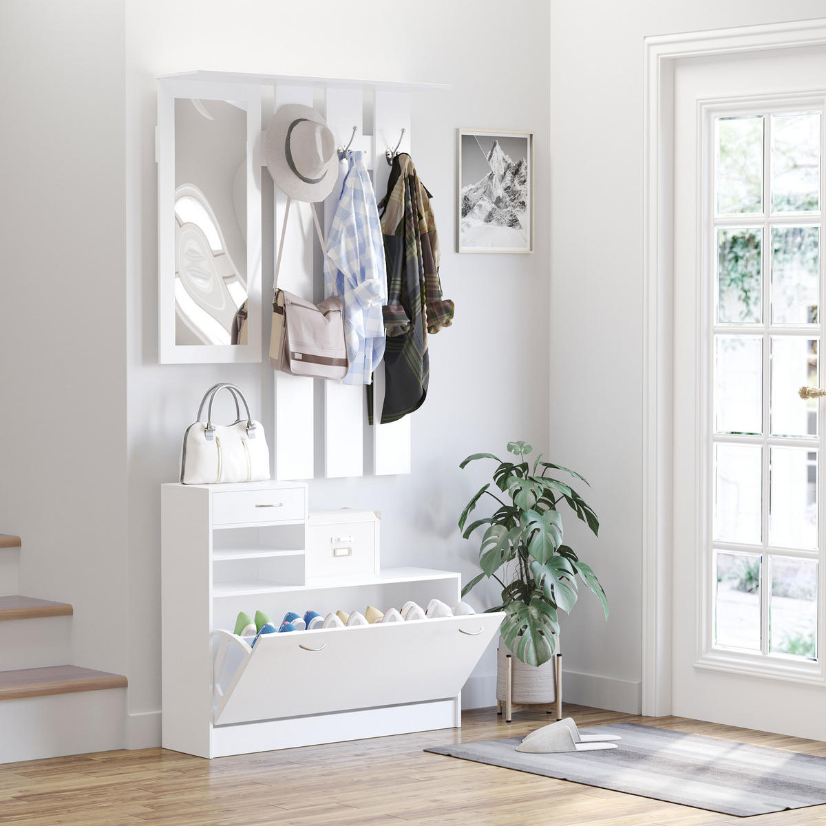 GARDEROBE DE-16826 3-in-1 mit Spiegel & 6 Haken Weiß - Weiß, Holzwerkstoff (22/116/90cm) - ComfortXL