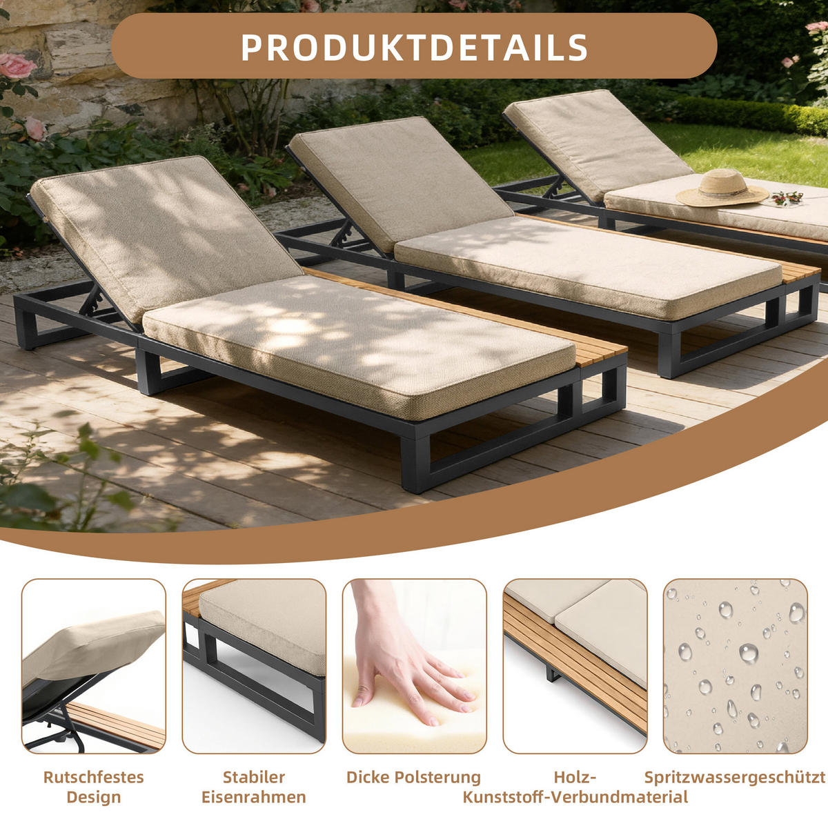 OUTDOOR-LIEGESTUHL Multifunktionales Sofabett Beige Linke Seite - Beige, Metall (79.5/73/184cm) - ComfortXL