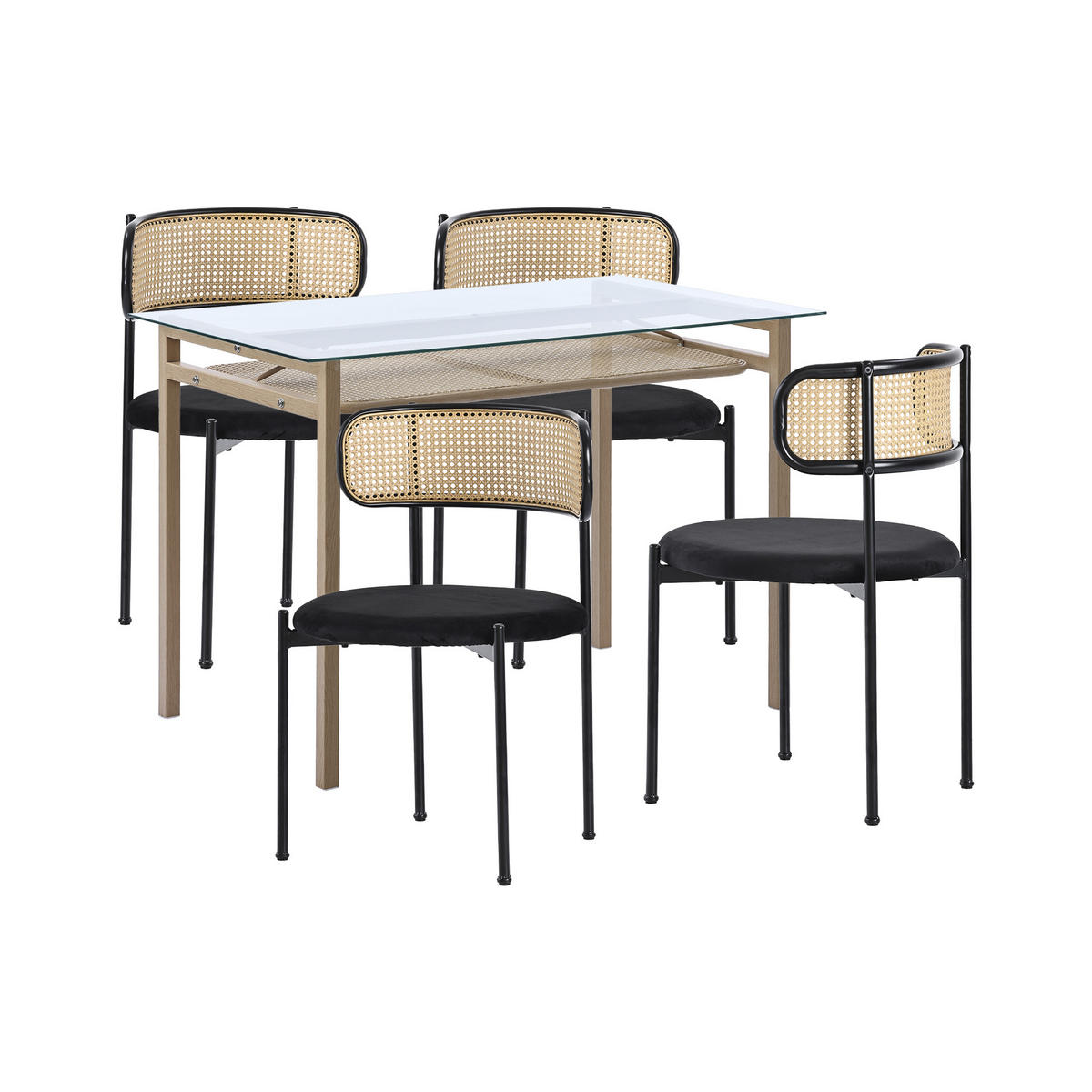 ESSTISCH SET mit Esstisch aus Glas und 4 Rattan stühle - Schwarz, Glas/Textil (110/74/65cm) - Urban Meuble