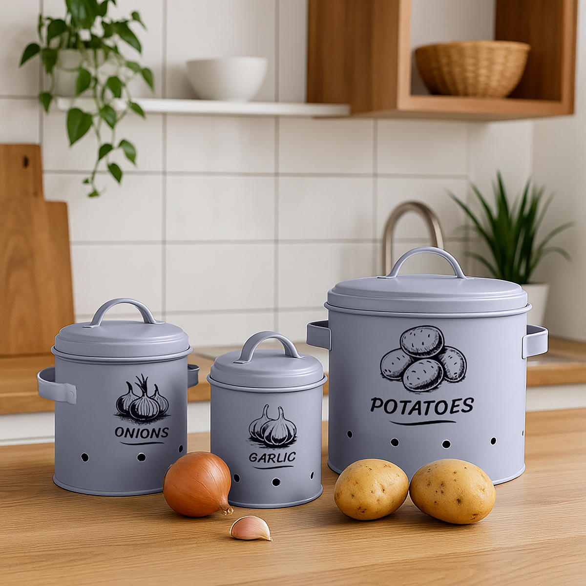 3XKARTOFFEL-AUFBEWAHRUNGSBOX - Grau, Metall - Relaxdays