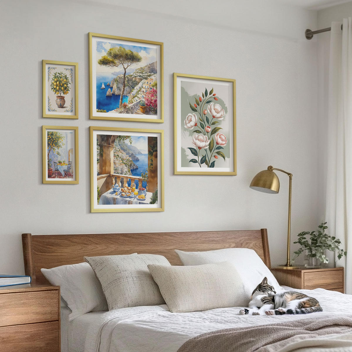 BILDER SET 5er Set - 50x50 cm & 20x30 cm & 40x60 cm Goldrahmen - Blick auf das Meer aus Zitronenbäumen - Goldfarben, Kunststoff (40/60cm) - TULUP