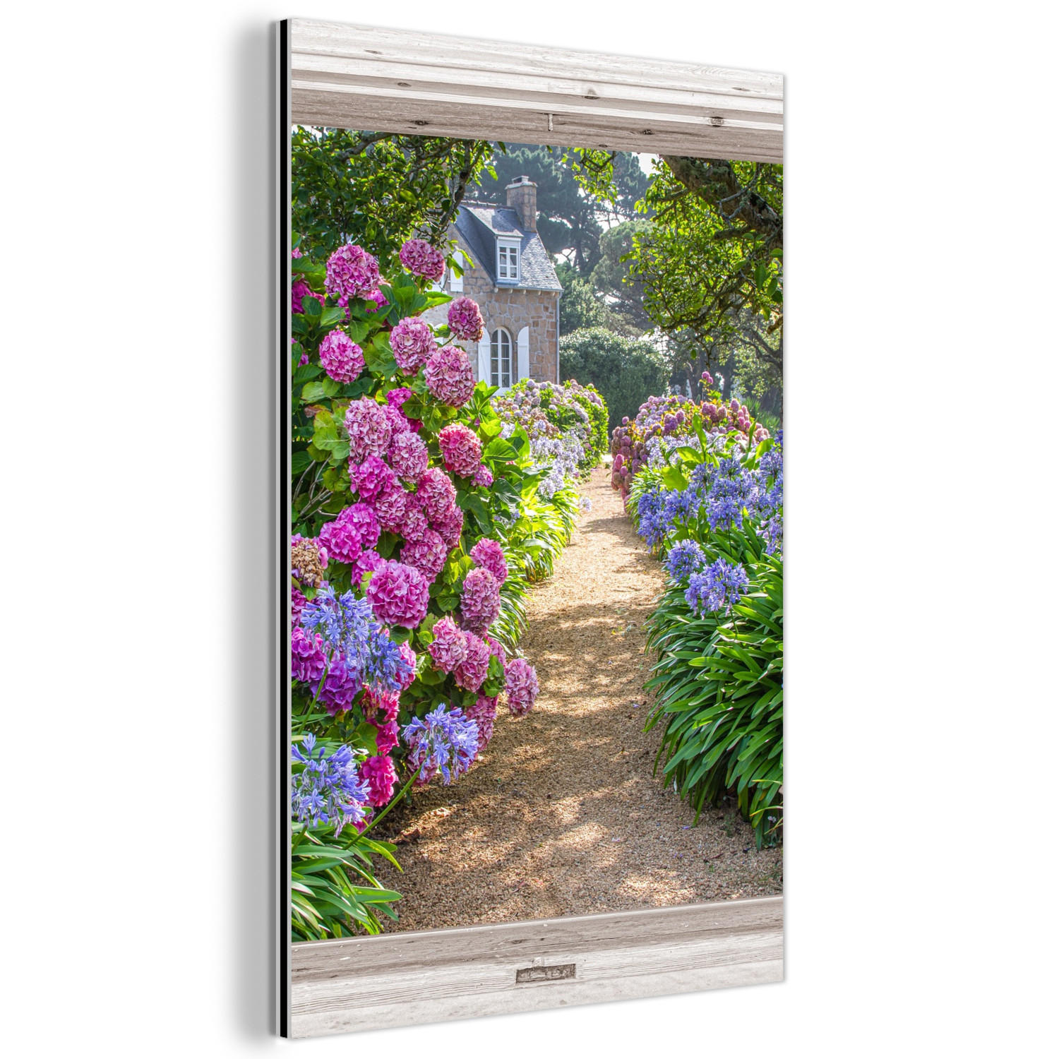 METALLBILD Hortensie - Fensterblick - Blumen - Sommer - Lila - Weg 40x60 cm - Lila, Metall (40/60cm) - MuchoWow