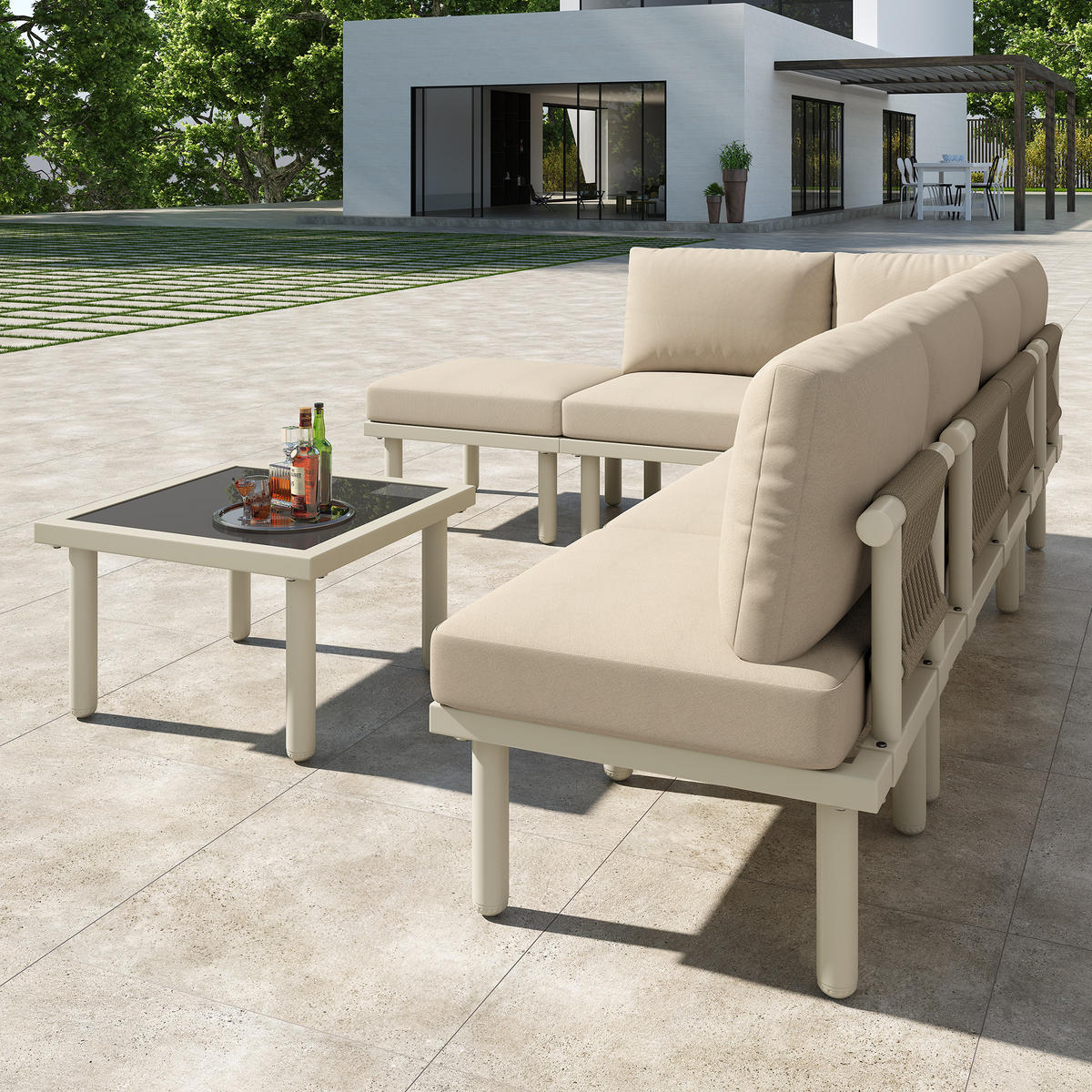 GARTENLOUNGE-SET 6er-Set Gartenmöbel Set Outdoor Sitzgruppe mit Sofa und Glas Tisch - Beige/Schwarz, Textil/Metall - STILVORA