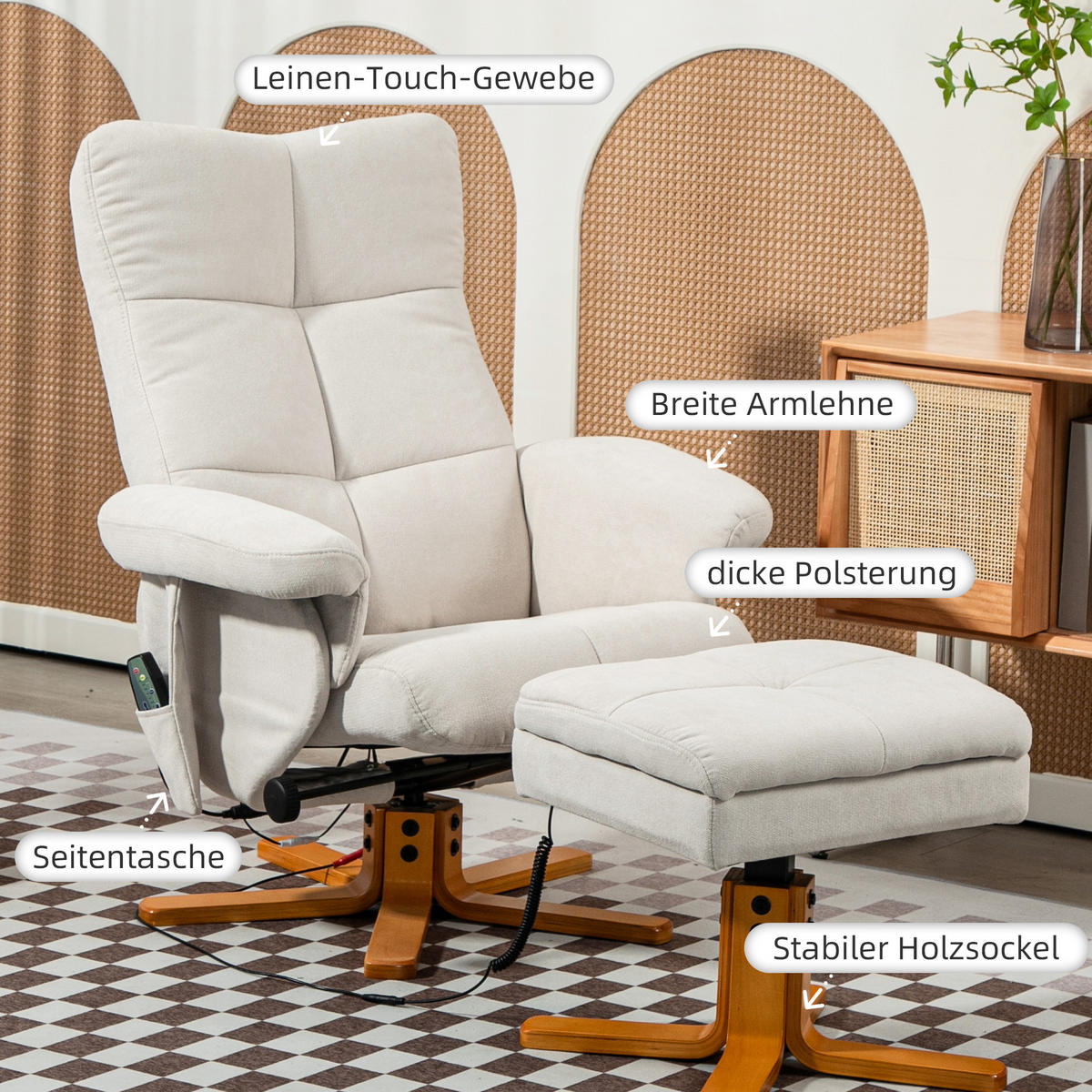 RELAXSESSEL Massagesessel mit Hocker Fernsehsessel mit Liegefunktion Cremeweiß - Creme/Braun, Holz/Textil (86/99/80cm) - HOMCOM